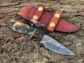 Skinner Knife With Ram Horn Handle & Horizontal Leather Sheath