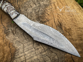 14" Damascus Kukri Knife With Antler Handle And Leather Sheath