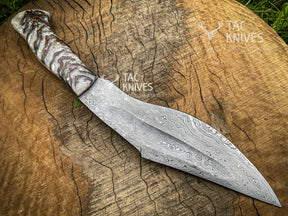 14" Damascus Kukri Knife With Antler Handle And Leather Sheath