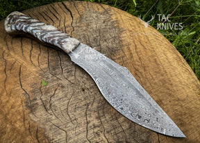 14" Damascus Kukri Knife With Antler Handle And Leather Sheath