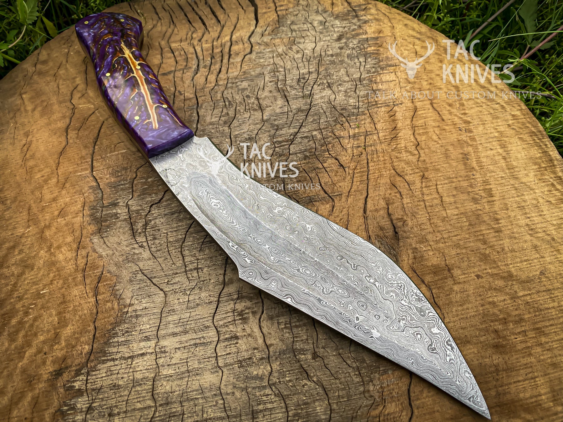 14" Damascus Kukri Knife With Antler Handle And Leather Sheath