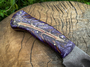 14" Damascus Kukri Knife With Antler Handle And Leather Sheath