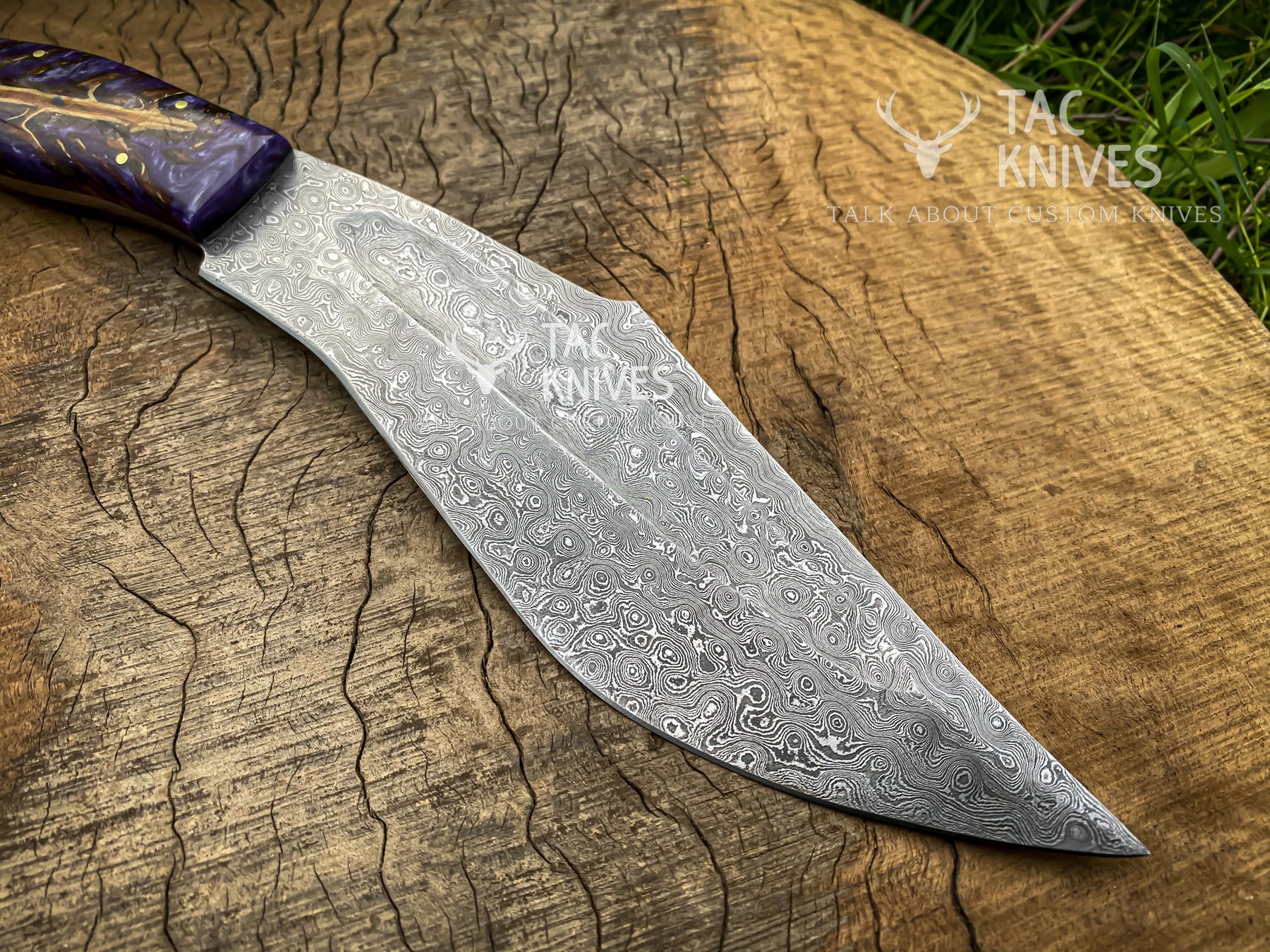 14" Damascus Kukri Knife With Antler Handle And Leather Sheath