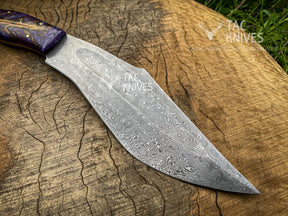 14" Damascus Kukri Knife With Antler Handle And Leather Sheath