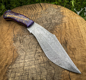 14" Damascus Kukri Knife With Antler Handle And Leather Sheath