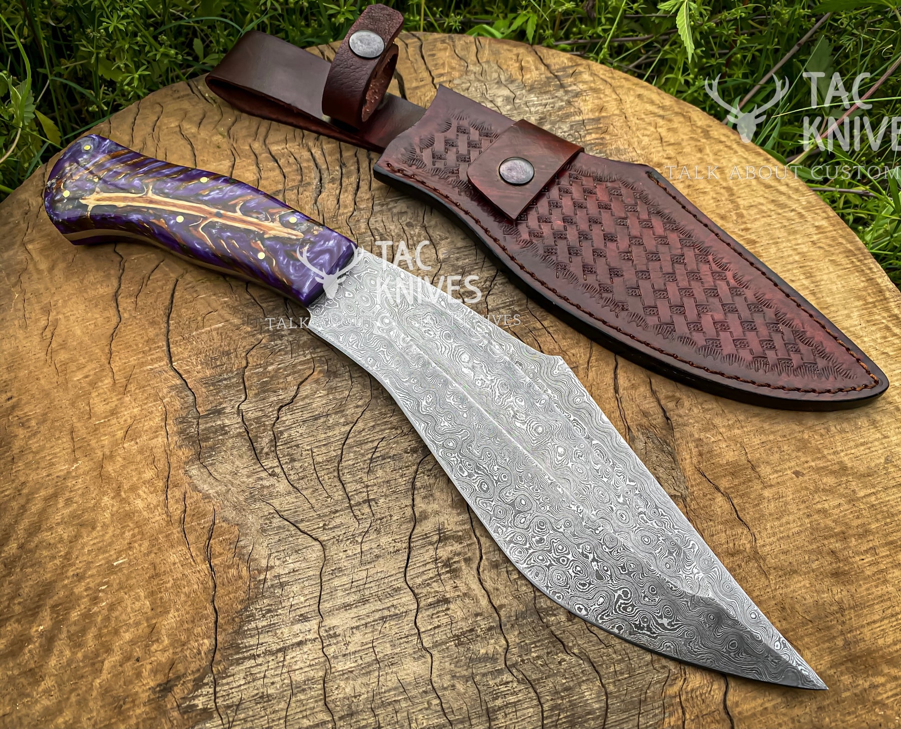 14" Damascus Kukri Knife With Antler Handle And Leather Sheath