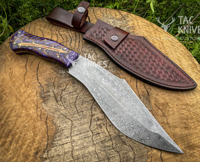 14" Damascus Kukri Knife With Antler Handle And Leather Sheath