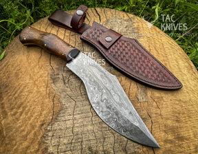 14" Damascus Kukri Knife With Antler Handle And Leather Sheath