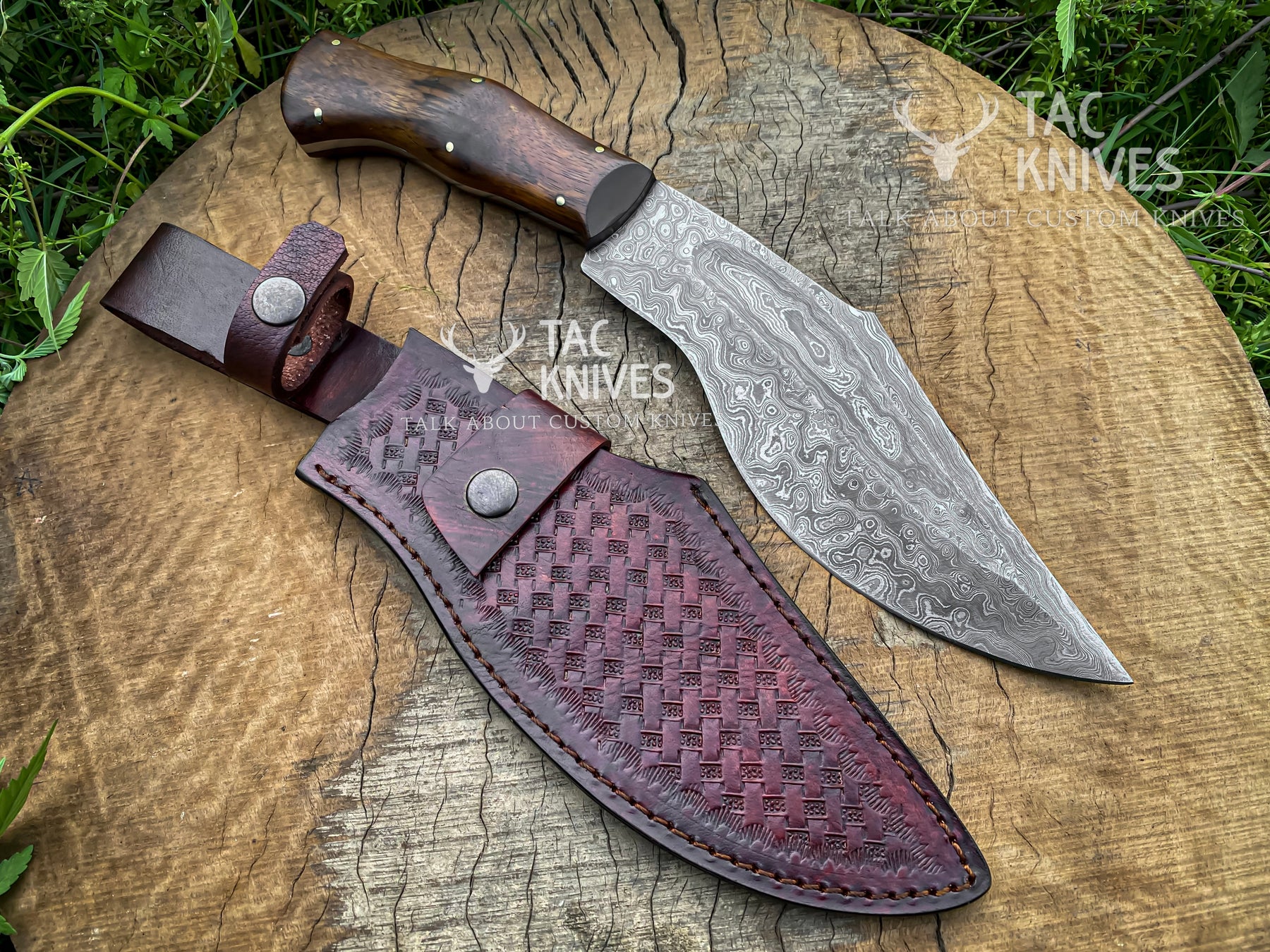 14" Damascus Kukri Knife With Antler Handle And Leather Sheath