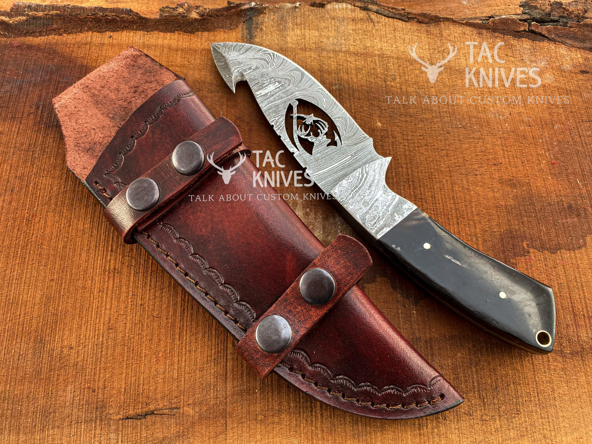 Skinner Knife With Deer Cutout Blade, Bone & Horn Handle and Leather Sheath