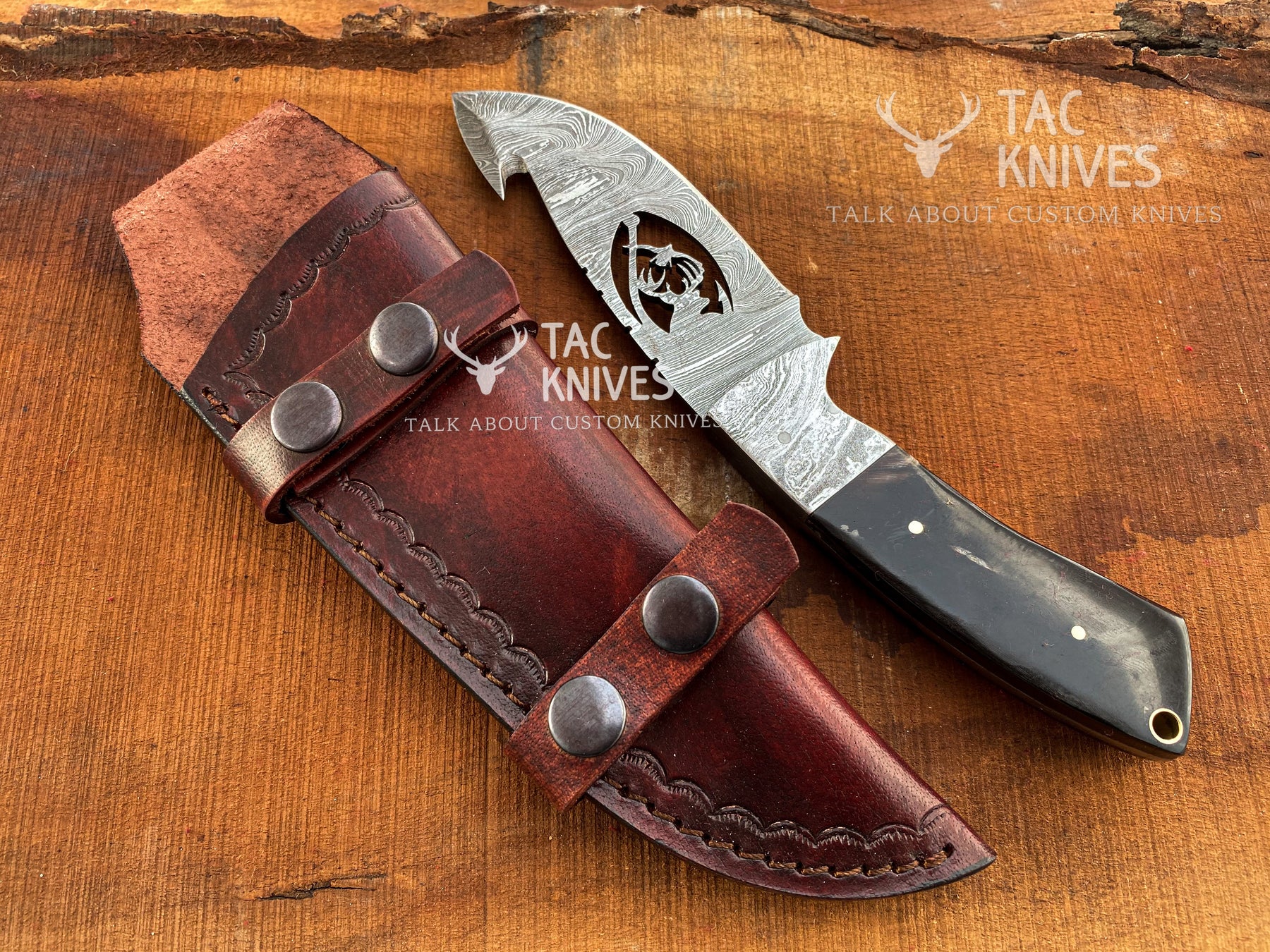 Skinner Knife With Deer Cutout Blade, Bone & Horn Handle and Leather Sheath