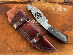Skinner Knife With Deer Cutout Blade, Bone & Horn Handle and Leather Sheath