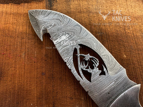 Skinner Knife With Deer Cutout Blade, Bone & Horn Handle and Leather Sheath