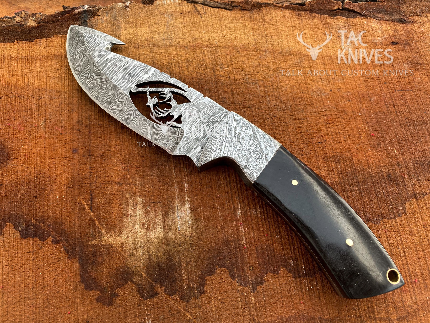 Skinner Knife With Deer Cutout Blade, Bone & Horn Handle and Leather Sheath