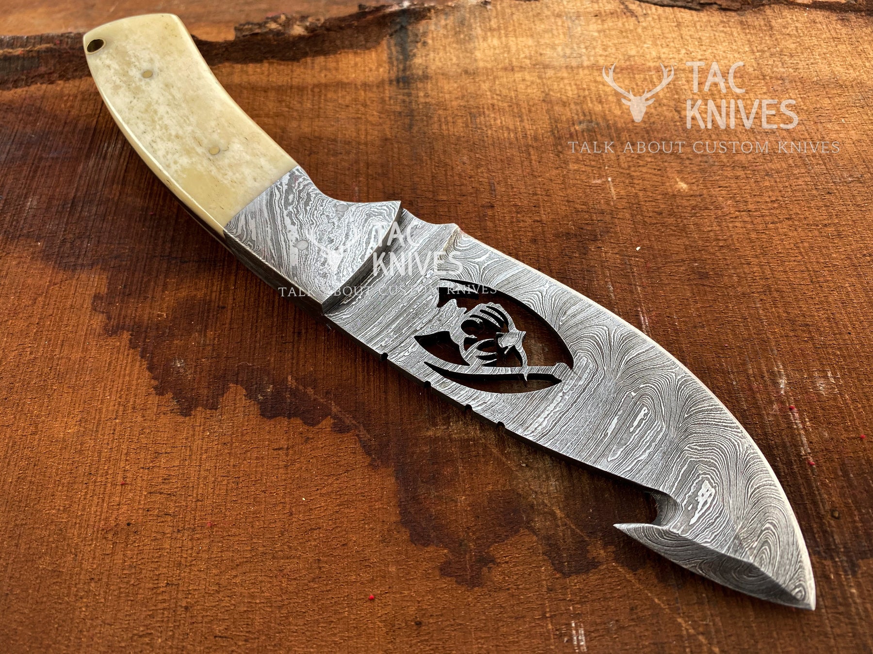 Skinner Knife With Deer Cutout Blade, Bone & Horn Handle and Leather Sheath