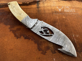 Skinner Knife With Deer Cutout Blade, Bone & Horn Handle and Leather Sheath