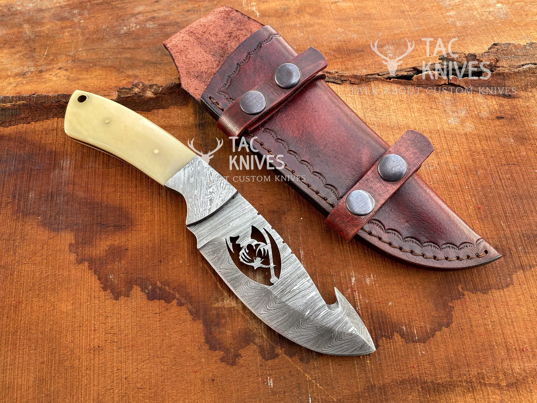 Skinner Knife With Deer Cutout Blade, Bone & Horn Handle and Leather Sheath