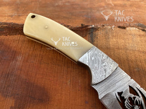 Skinner Knife With Deer Cutout Blade, Bone & Horn Handle and Leather Sheath