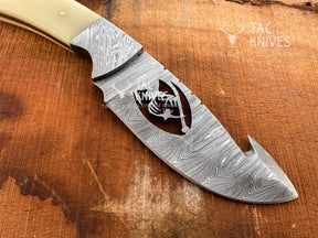 Skinner Knife With Deer Cutout Blade, Bone & Horn Handle and Leather Sheath