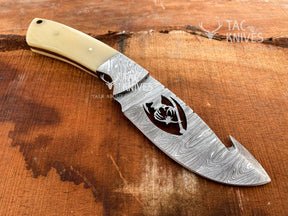 Skinner Knife With Deer Cutout Blade, Bone & Horn Handle and Leather Sheath
