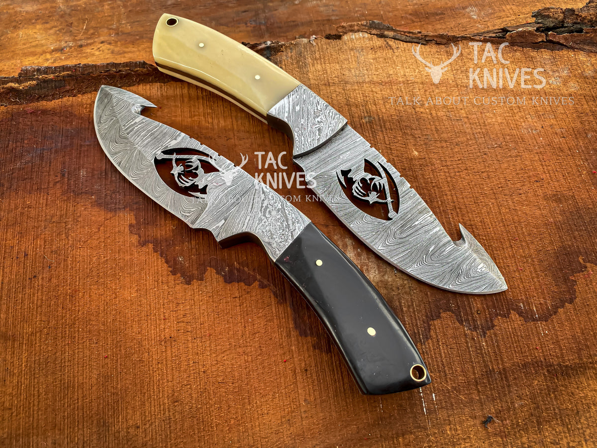 Skinner Knife With Deer Cutout Blade, Bone & Horn Handle and Leather Sheath