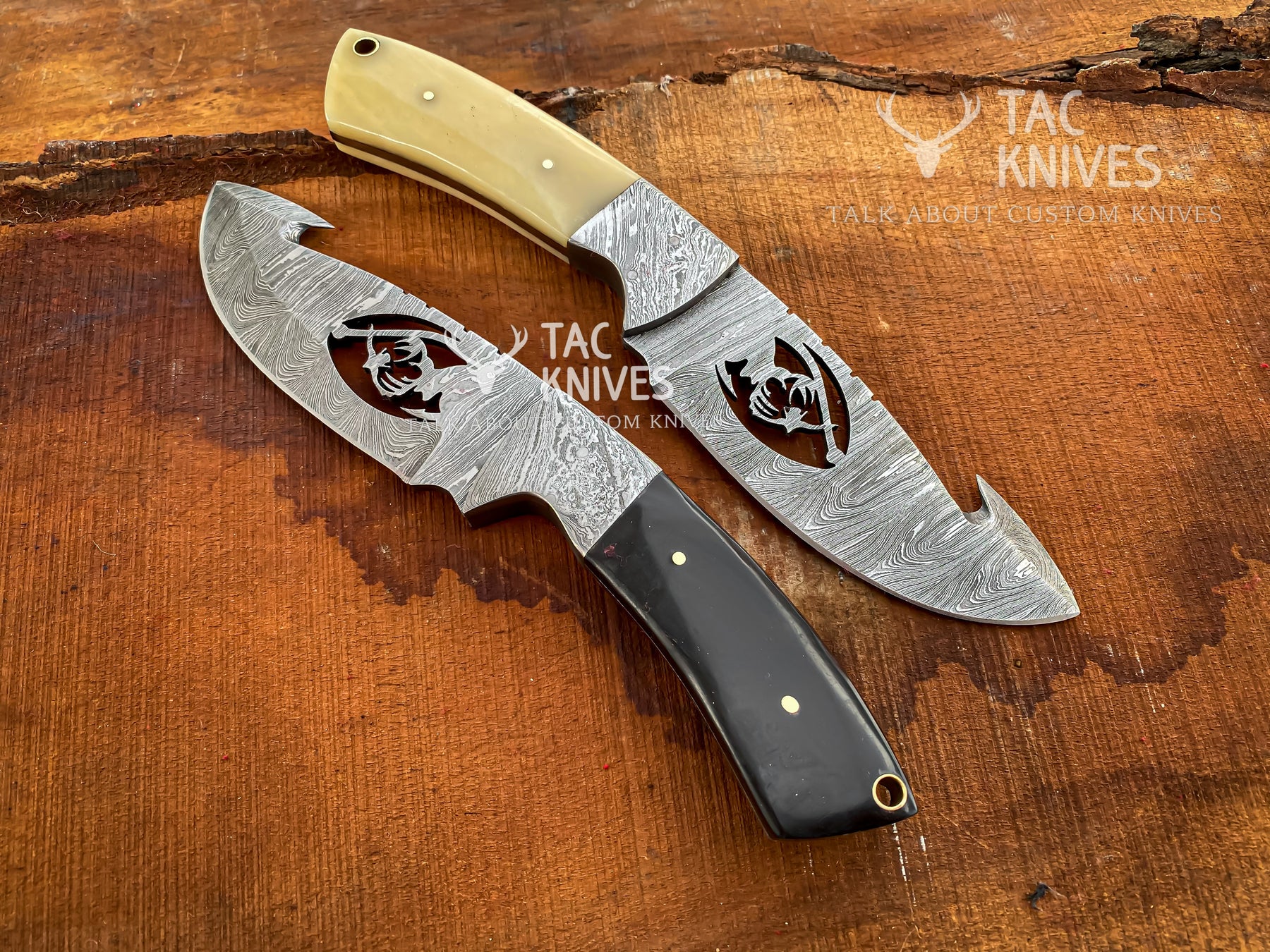 Skinner Knife With Deer Cutout Blade, Bone & Horn Handle and Leather Sheath