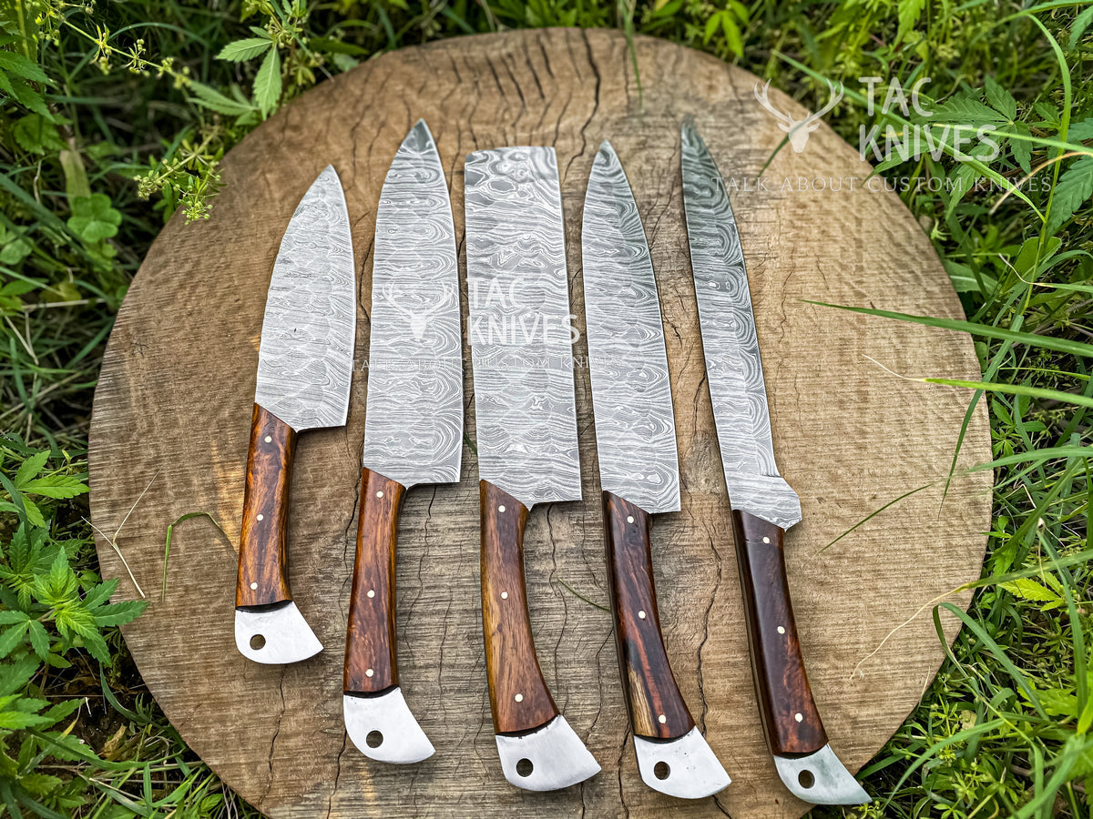 5-Piece Damascus Chef Knife Set With Wood Handle, Forging Mark Blades & Leather Roll