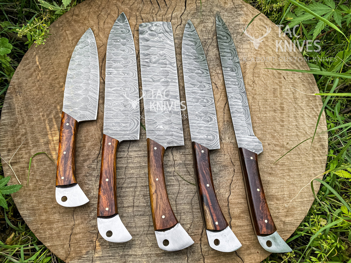 5-Piece Damascus Chef Knife Set With Wood Handle, Forging Mark Blades & Leather Roll