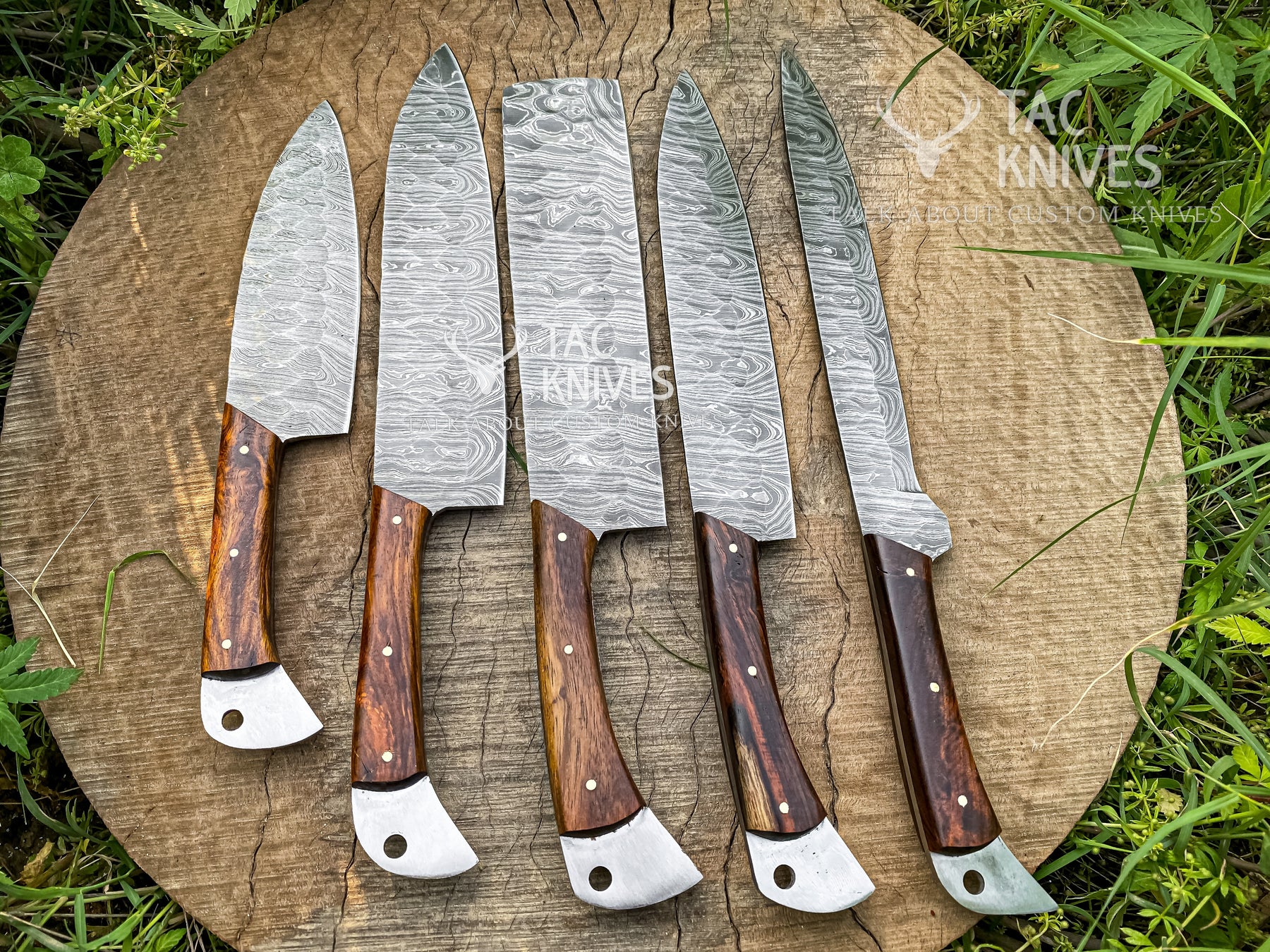 5-Piece Damascus Chef Knife Set With Wood Handle, Forging Mark Blades & Leather Roll