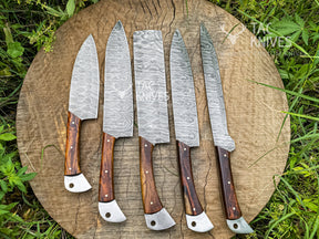 5-Piece Damascus Chef Knife Set With Wood Handle, Forging Mark Blades & Leather Roll