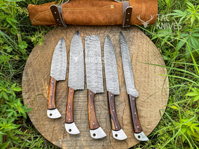 5-Piece Damascus Chef Knife Set With Wood Handle, Forging Mark Blades & Leather Roll
