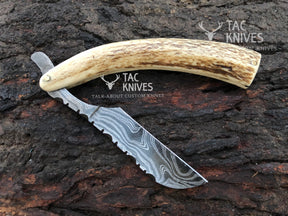 Damascus Straight Razor With Deer Antler Handle – 2" Cutting Edge