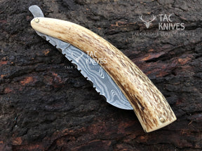Damascus Straight Razor With Deer Antler Handle – 2" Cutting Edge