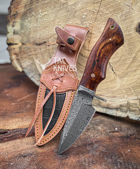 9" Skinner Knife – Rosewood Handle, Finger Guard & Leather Sheath