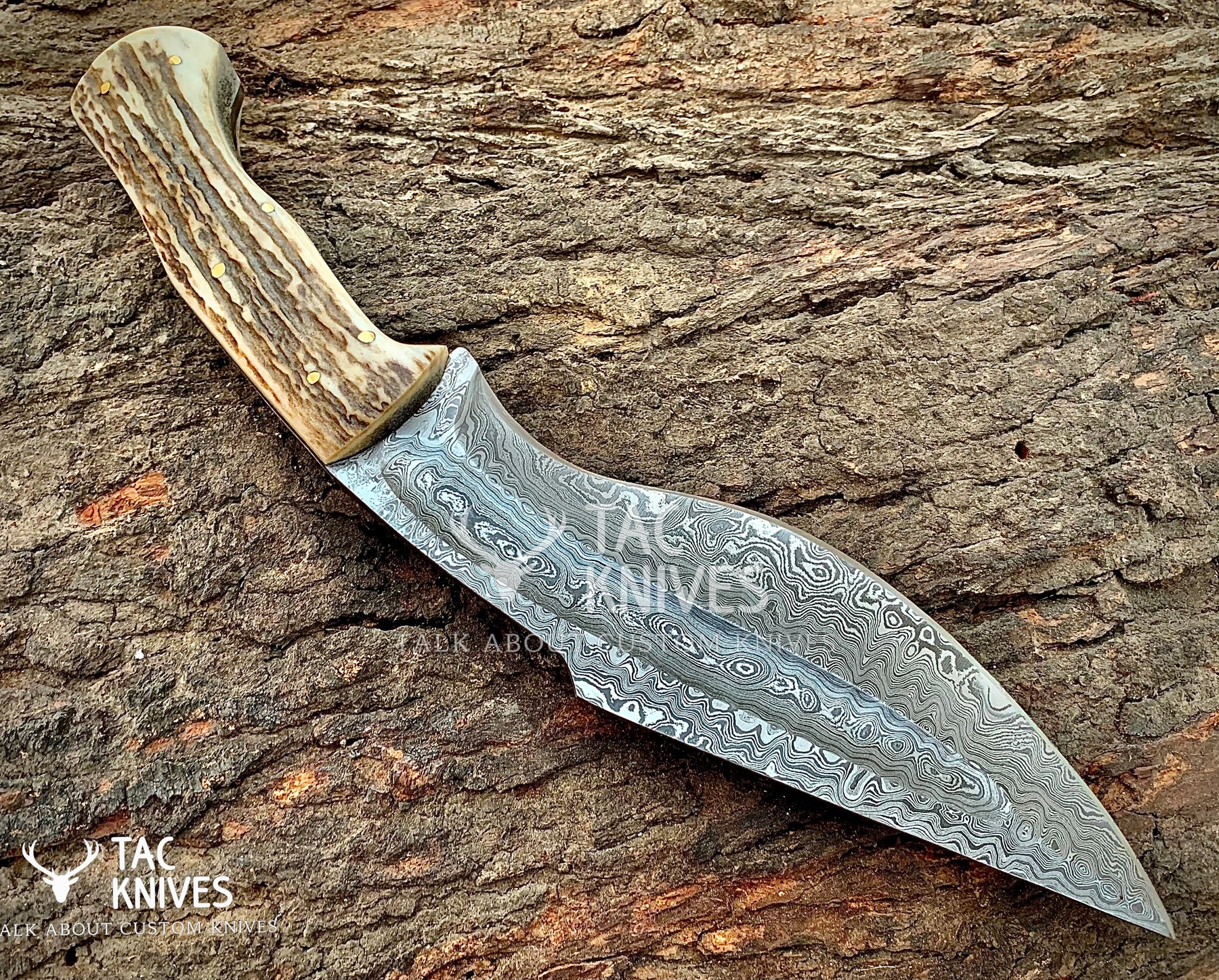 14" Damascus Kukri Knife With Antler Handle And Leather Sheath