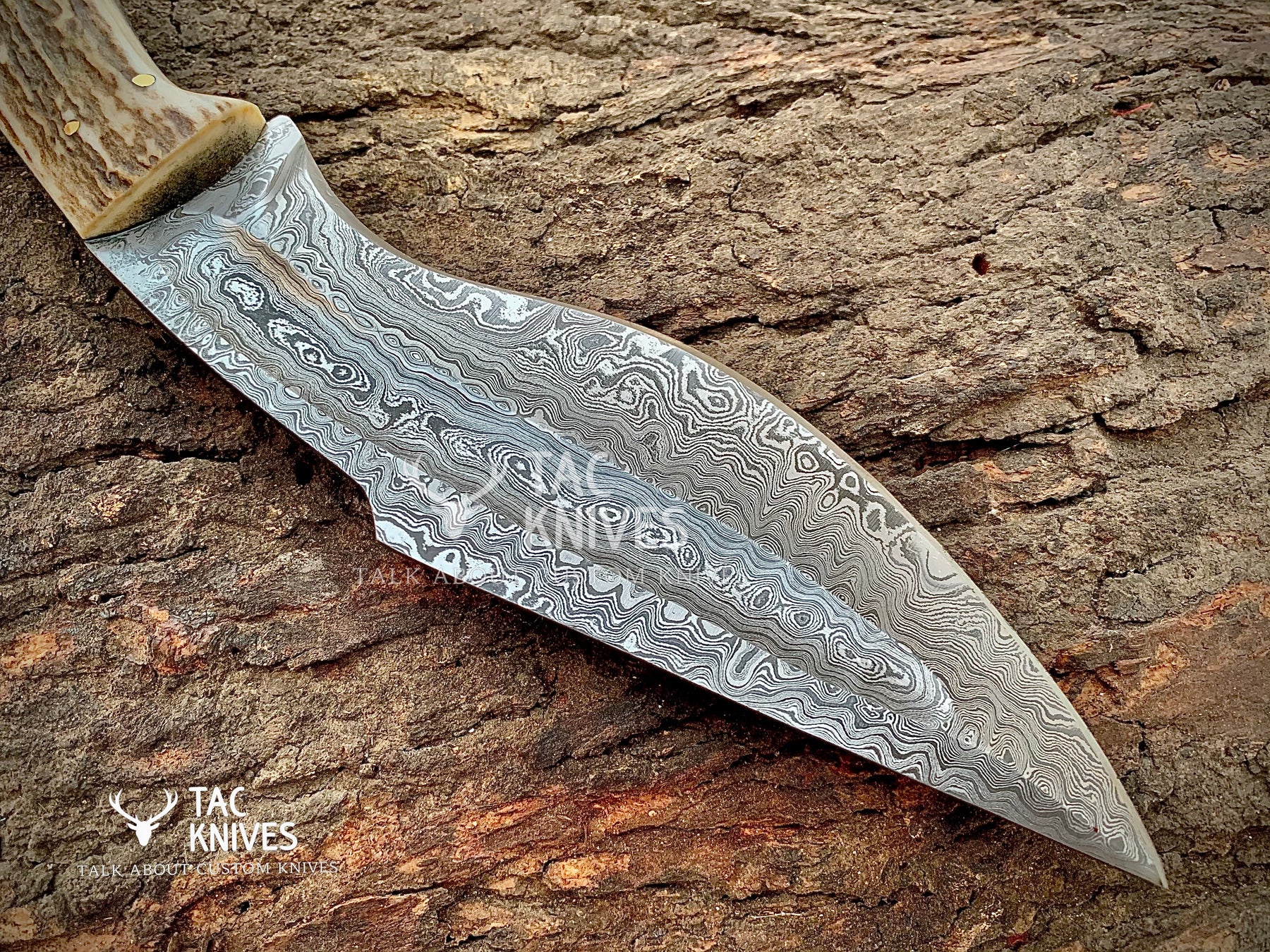 14" Damascus Kukri Knife With Antler Handle And Leather Sheath