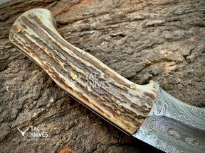 14" Damascus Kukri Knife With Antler Handle And Leather Sheath
