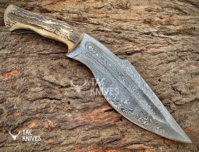 14" Damascus Kukri Knife With Antler Handle And Leather Sheath