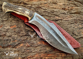 14" Damascus Kukri Knife With Antler Handle And Leather Sheath