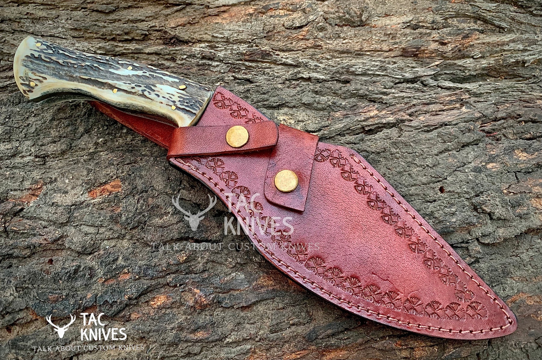 14" Damascus Kukri Knife With Antler Handle And Leather Sheath