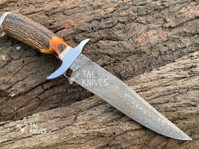 13" Damascus Bowie Hunting Knife With Antler Handle & Leather Sheath