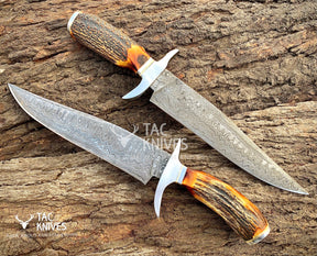 13" Damascus Bowie Hunting Knife With Antler Handle & Leather Sheath