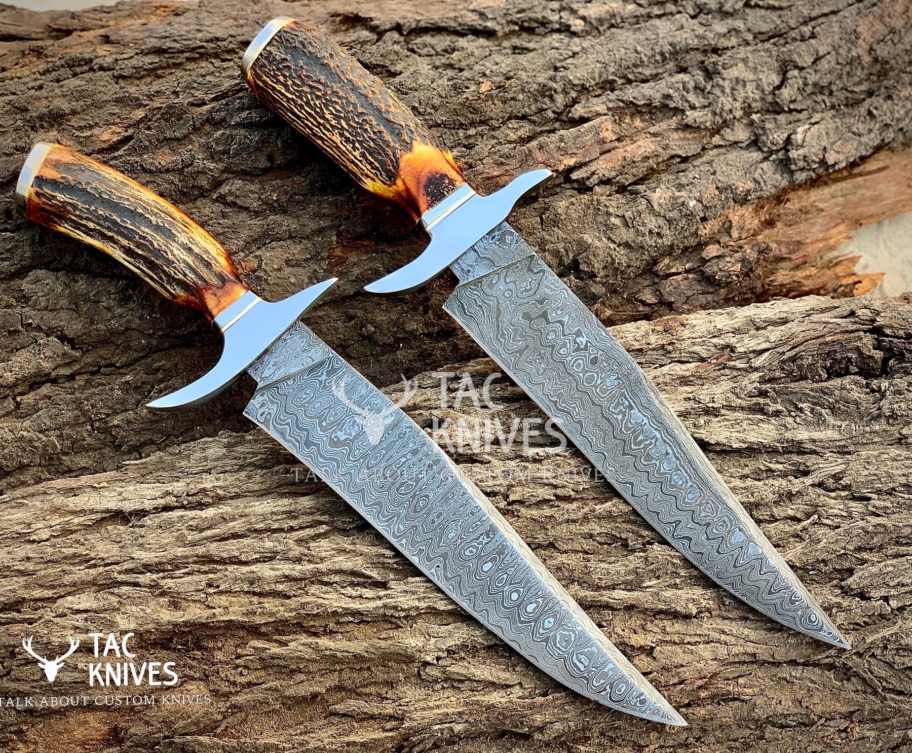 13" Damascus Bowie Hunting Knife With Antler Handle & Leather Sheath