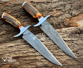 13" Damascus Bowie Hunting Knife With Antler Handle & Leather Sheath