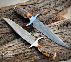 13" Damascus Bowie Hunting Knife With Antler Handle & Leather Sheath