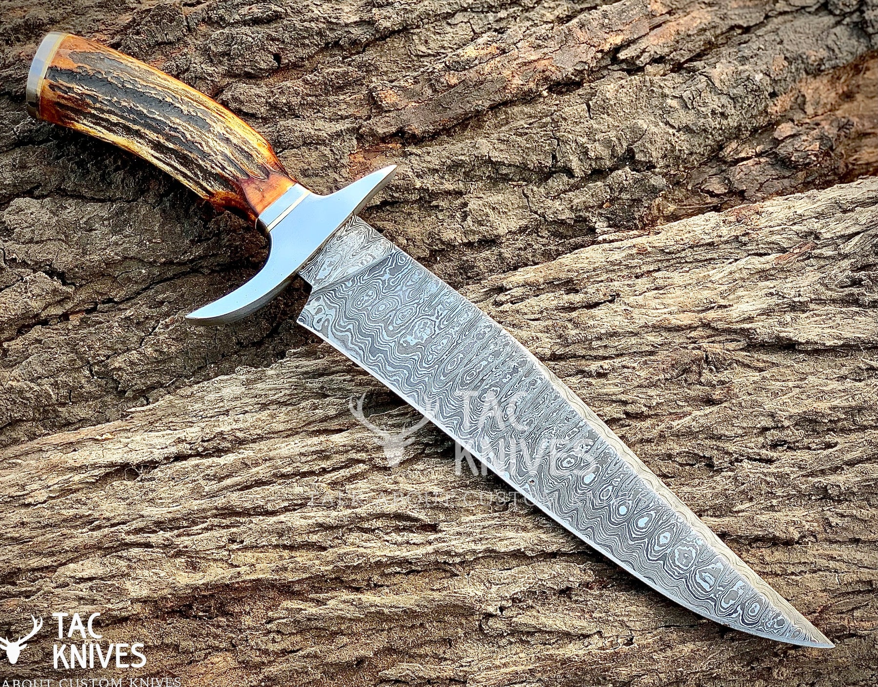 13" Damascus Bowie Hunting Knife With Antler Handle & Leather Sheath