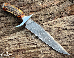 13" Damascus Bowie Hunting Knife With Antler Handle & Leather Sheath