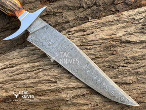 13" Damascus Bowie Hunting Knife With Antler Handle & Leather Sheath