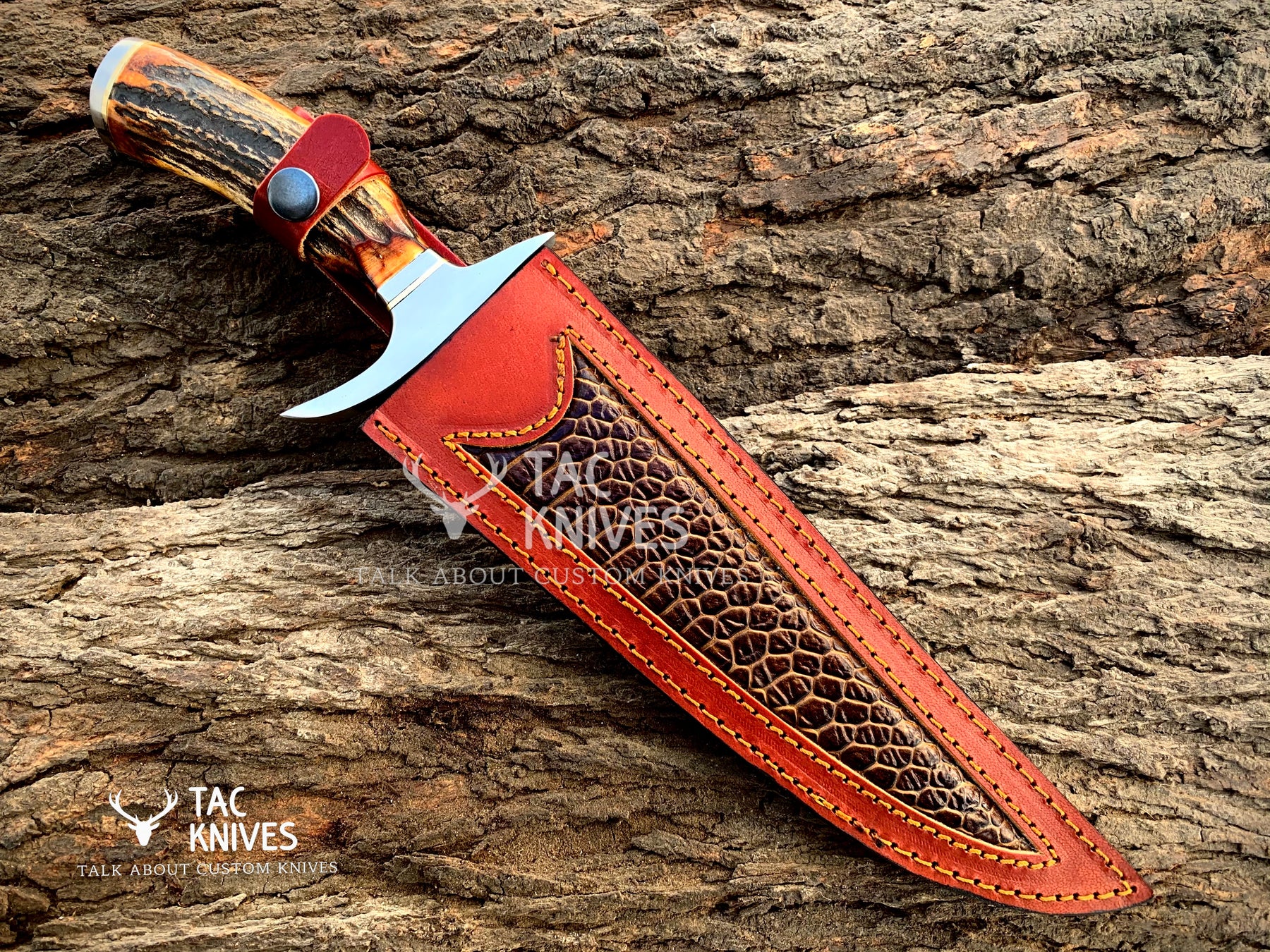 13" Damascus Bowie Hunting Knife With Antler Handle & Leather Sheath