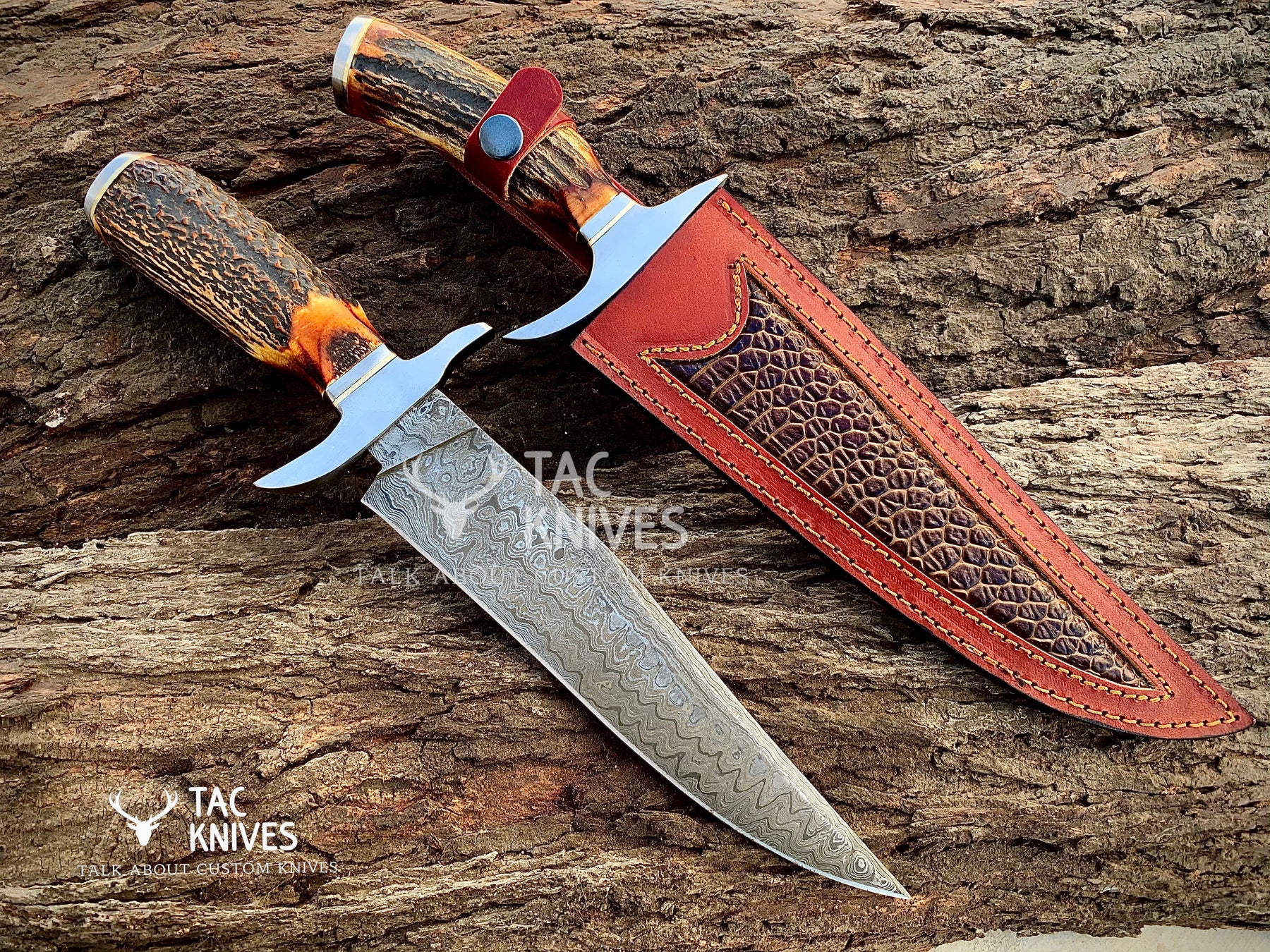 13" Damascus Bowie Hunting Knife With Antler Handle & Leather Sheath